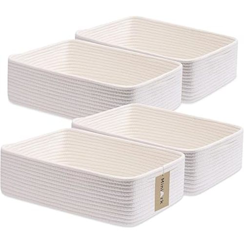 MiniArk Large Shallow Organizing Baskets 15x11x5.1 Inches - Rope Woven Storage Bins for Bathroom, Shelves, Cube Closet, Off White 4 Packs
