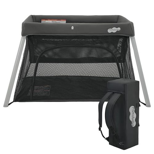 Pamo Babe Travel Crib with Bassinet, Portable Crib with Mattress for Baby Easy Setup Pack and Play Lightweight Backpack Portable Playpen with Zipper Access Door for Travel Holiday Gift - Grey
