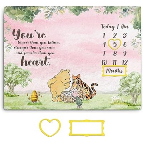 Winnie Baby Monthly Milestone Blanket, Pink Milestone Blankets, Newborn Photography Background Decor, You're Braver Blanket with Photo Tools, for Expecting Mothers 30 * 40in