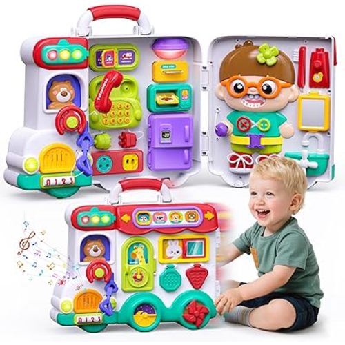 54-in-1 English & Spanish Musical Busy Board Montessori Toys, Early Educational Montessori Toy for 1 2 3 Year Old Boys, Bilingual Learning Toy Gifts for 1+ Year Old Boys