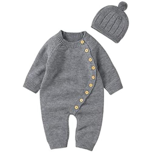 Geogenry Newborn Baby Girls Boys Sweater Jumpsuit Winter Knit Romper Clothes Button Solid Bodysuit Jumpsuit Hat 2pcs Outfit