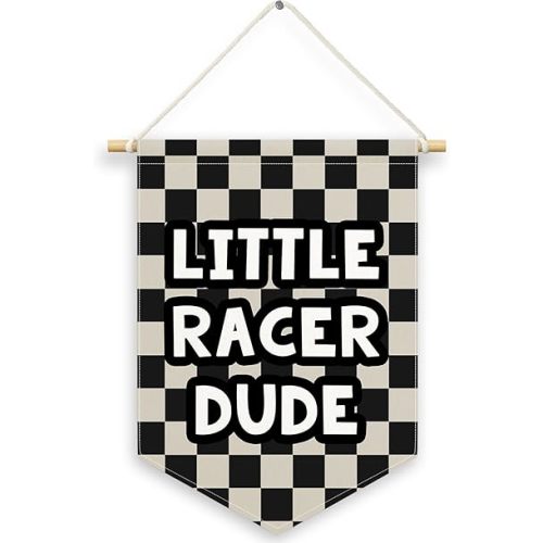 Playroom Boys Kids Room Decor, Black Checkered Little Racer Dude Banner Canvas, Nursery Wall Hanging Frame Decor Art Pennant Flag for Toddler Room Preschool Dorm Little Boy 11x15in