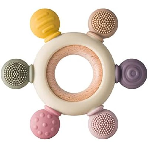 Baby Teething Toys Silicone Teethers BPA Free Silicone Rudder with Wooden Ring Soothe Babies Gums (Khaki)
