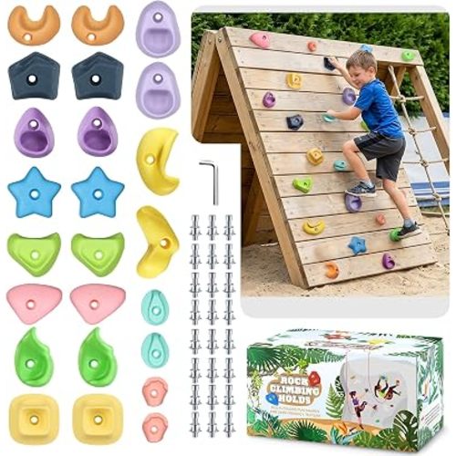 24PCS Kids Climbing Holds, Climbing Rocks for Play Set, Swingset - Adult Rock Wall Holds with Mounting Hardware for Indoor Outdoor Climbing Wall, Pastel Color