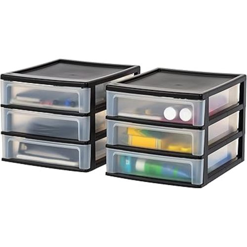 IRIS USA Plastic Stacking Desk Top 3-Drawer Storage Organizer, 2-Pack, for Makeup Vanity Nail Polish Bathroom Stationery Art Craft Supplies Kitchen Office Garage and Small Organization, Medium, Black