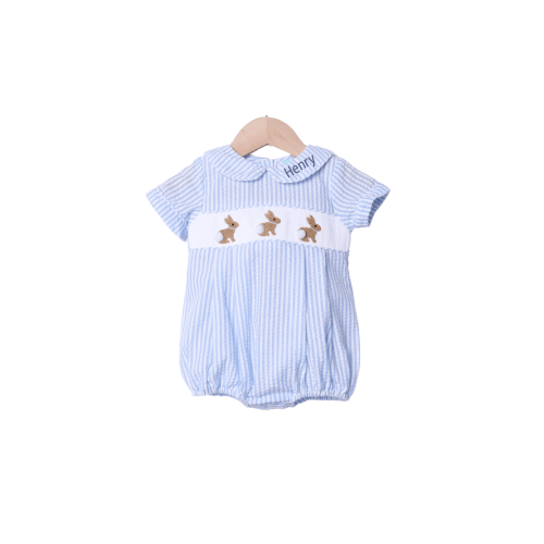 Smocked Bunny Blue Seersucker Bubble