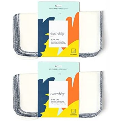 Esembly Wipe Ups, Organic Cotton Reusable Baby Wipes, Soft and Sturdy Washable Cloth Diaper Wipes, One Size, 2 x 12-pk (24 wipes)