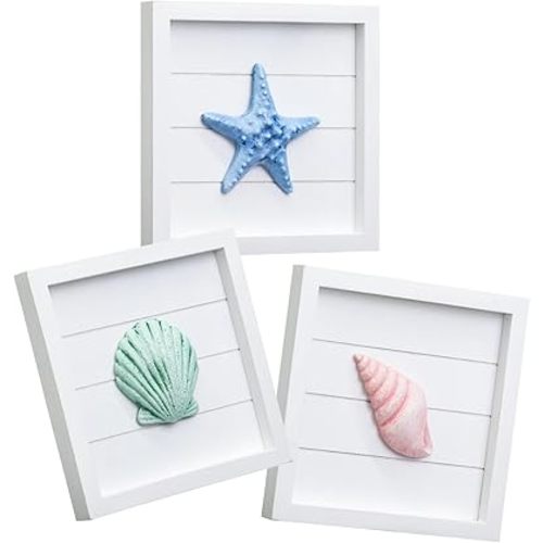 JUMBO DECOR 3D Ocean Beach Themed Wall Decor, Set of 3 (8" x 8") - Seashell and Starfish Decorations for Home or Beach House, Rustic Ocean Theme Coastal Bedroom or Bathroom Living Room Wall Art