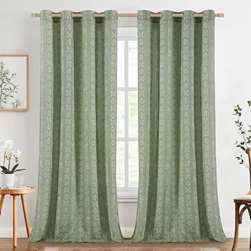 jinchan Boho Curtains Linen Blend Curtains for Living Room Farmhouse Sage Green Drapes 108 Inches Long for Bedroom Semi Sheer Drapes Geometric Striped Printed 2 Panels Set