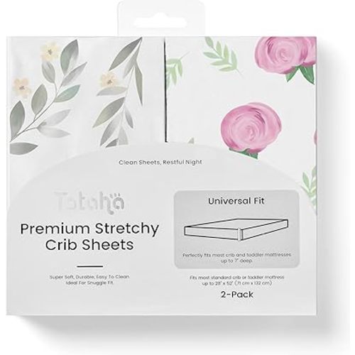 TotAha Premium Stretchy Crib Sheets (2-Pack)-Hypoallergenic, Silky Comfort, Buttery Soft, Calming Effect, All-Season Jersey-Knit Sheets, 9'' Extra Deep Pocket (Pink Buds & Green Leaves)