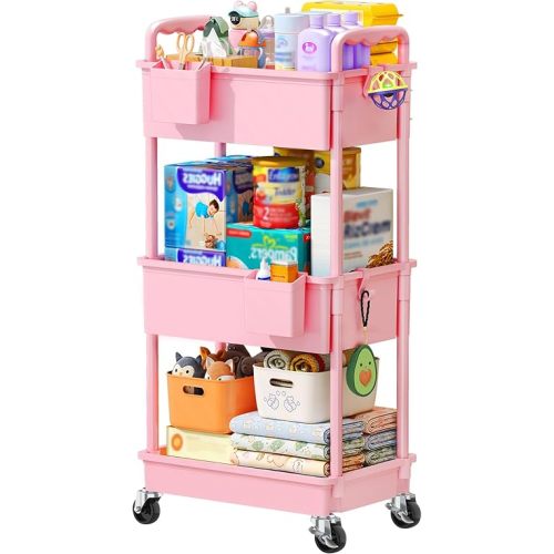 Baby Diaper Caddy Cart, 3 Tier Rolling Diaper Cart with Lockable Wheels for Nursery Essentials, Large Capacity & Easy Assemble Diaper Storage Organizer for Newborn,New Mom, Pink