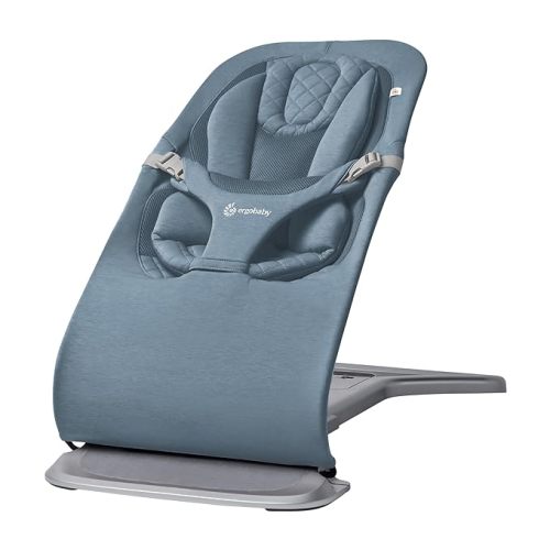 Ergobaby Evolve 3-in-1 Bouncer Seat for Babies and Toddlers 5.5-25lbs - Multi Position Baby Rocker Seat with Adjustable Heights, Secure Harness, Newborn Insert - Oxford Blue