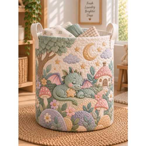 Dragon Nursery Storage Basket – Quilted Sleepy Baby Dragon Fabric Laundry Hamper, Foldable Toy Bin with Handles, 3 Sizes SB004