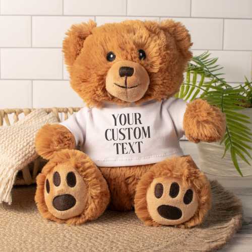 Your Custom Text 8" Stuffed Teddy Bear: Brown Bear with White Printed T-Shirt