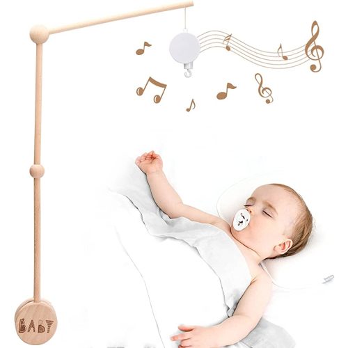 Baby Crib Mobile Arm Wooden Holder 30 inch Beech Hangers with Rotating Music Box Nursery Decor Attachment Safe Anti Slip Set