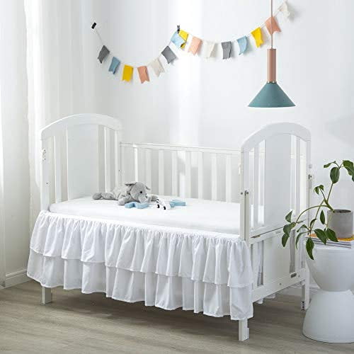 White Ruffled Crib Bed Skirt Double Layer Nursery Toddler Dust Ruffle Bedding Skirt 14" Deep Drop
