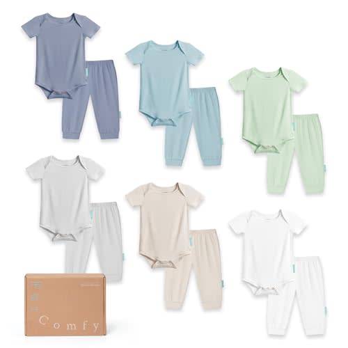 PurComfy Baby Bodysuits and Pants Set, 12-Piece Bamboo Viscose Unisex Baby Outfit, Matching Neutral Baby Clothes for 0-24M