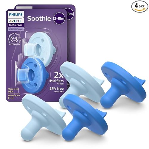 Philips Avent Soothie Baby Pacifiers - 100% Silicone Pacifiers for Babies 3-18 Months, One-Piece Design, BPA-Free, Extra Durable, Sky Blue and Light Blue, 4 Pack, Model SCF192/71