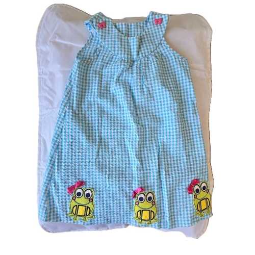 Vintage Blue Gingham Frog Dress: Girls 4T Summer Outfit