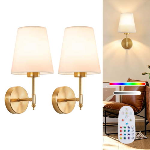 Battery Operated Wall Sconces Set of 2, Wireless Rechargeable Wall Lights with 15 Colors RGB Dimmable Magnetic Bulb & Remote Control, Indoor Sconce Wall Decor for Bedroom Living Room Hallway