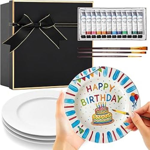 Vesici Paint Your Own Ceramic Plates Kit Includes 4 Porcelain Plates, 3 Paint Brushes and 12 Acrylic Paints & 1 Black Gift Box & 1 Palette Paintable for Birthday Christmas DIY Gifts Adults (7 Inch)