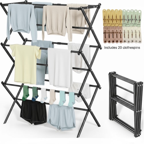 X-Wing 3-Tier Steel Foldable Clothes Drying Rack, Expandable Metal Clothing Dryer, Collapsible Towel Rack, Air Drying Rack, Black
