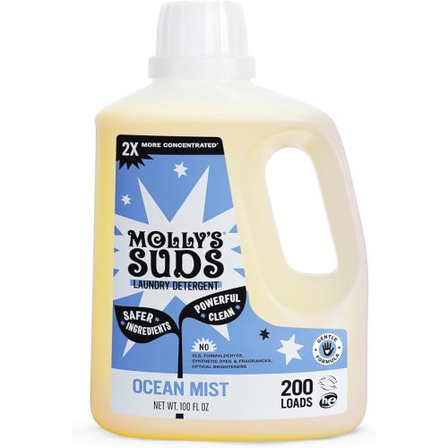 Molly's Suds Liquid Laundry Detergent | Clean Laundry Detergent Soap for Sensitive Skin | 2x Concentrated, High Efficiency (HE) (Unscented - 200 Loads)