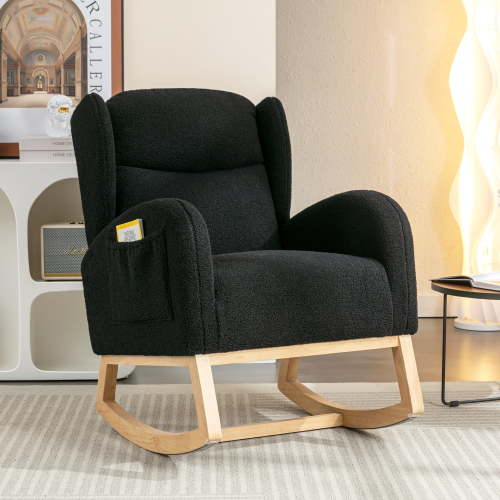 Muumblus Wingback Glider Rocking Chair for Baby Nursery, Adult, Indoor, Black Teddy