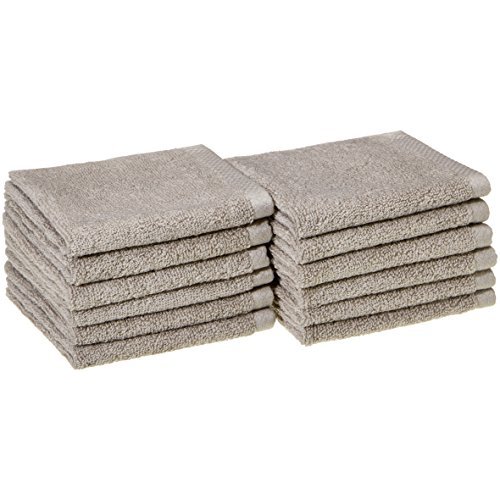 Amazon Basics 100% Cotton Washcloths, Quick-Dry, 12" x 12", Platinum, 12-Pack