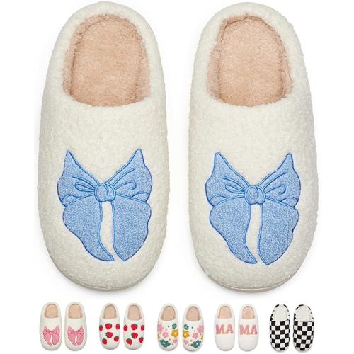 House Slippers for Women Warm Cozy House Shoes Fuzzy Home Slippers with Memory Foam Indoor and Outdoor - Blue Bow