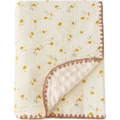 Baby Soft Muslin Thick Blanket Cotton and Dotted Backing Double Layer Receiving Blanket 40"x40" Yellow Floral