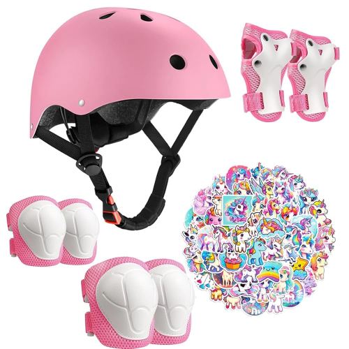 Kids Bike Helmet with Knee Elbow Wrist Pads Guards,Pink,for Ages 2-3-5-8-14,Sports Bicycle,Skate Scooter,Rollerblading with Unicorn Sticker