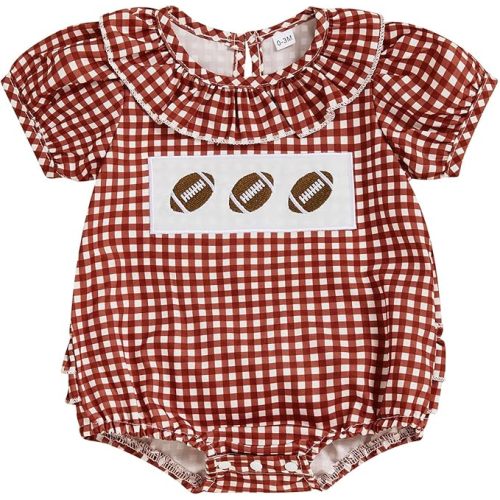 Newborn Baby Girl Football Outfits Short Sleeve Plaid Bubble Romper Smocked Ruffle Rugby Bodysuit Summer Clothes