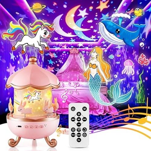 One Fire Night Light Projector for Kids,315 Lighting+15 Films+15 Music Baby Sound Machine,360°Rotate+Remote+Dimmable Ceiling Star Projector for Kids Room Decor,Unicorn Toys Birthday Gifts for Girls