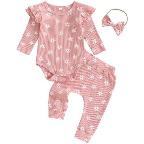 Newbron Baby Girl Fall Clothes Daisy Ribbed Knitted Long Sleeve Romper Long Pants 3 Pcs Infant Girl Winter Outfit