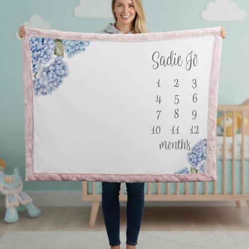 Personalized Baby Milestone Blanket – Blue Hydrangeas, Monthly Photo Prop, Baby Girl Keepsake