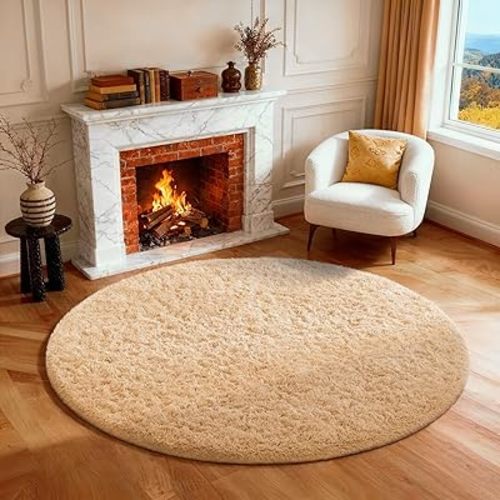 Ophanie Round Rug 4Ft Beige Circle Area Rug, Fluffy Fuzzy Small Bedroom Carpet, Plush Soft Shaggy Floor Living Room Circular Christmas Decor for Kids Boys Girls Home Aesthetic, Nursery, Classroom