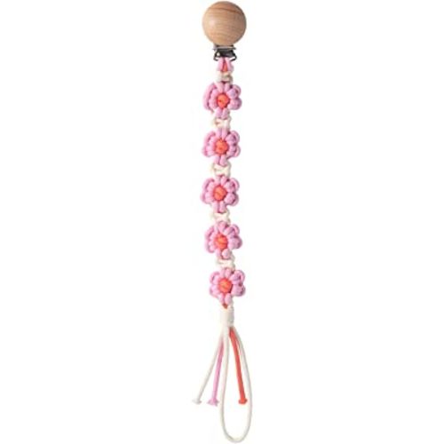 Symbolife Pacifier Clips Baby Girls Floral Daisy Binky Clips Pacifier Holder Boho Wooden Clips Macrame Paci Clip Handmade Braided Cotton Pacifier Strap Pink