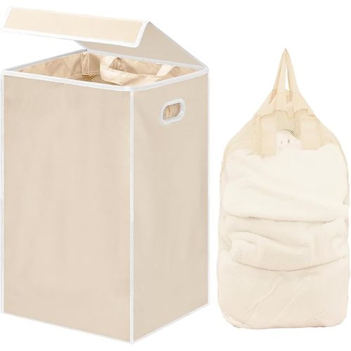 Simple Houseware Foldable Laundry Hamper Basket with Lid, Beige