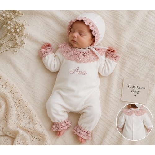 Personalized Lace Baby Romper, Bonnet and Blanket Set, Embroidered Name Outfit, Coming Home Clothes
