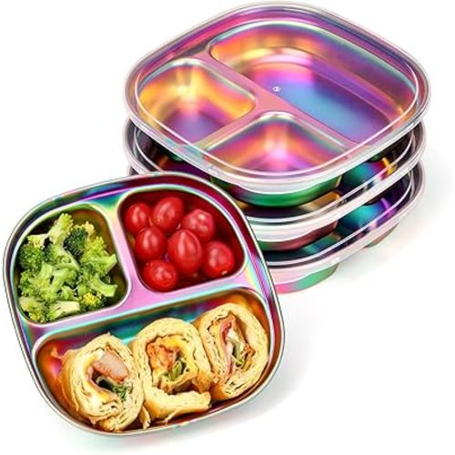 AIEVE Stainless Steel Kids Plates, Pack of 4 Stainless Steel Divided Toddler Plate with Lids