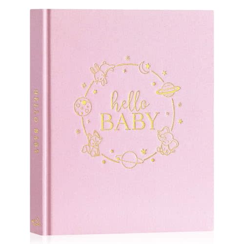 Lanpn Hello Baby Memory Book for Boy Girl - Linen Hardcover Baby Book Keepsake for New Parents - Newborn Baby First 5 Year Journal Scrapbook Photo Album Baby Milestone Book (Pink, 154 Pages)