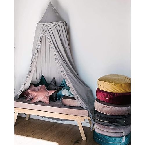 Bed Canopy with Frills Reading Nook Game Tent for Kids Boho Hanging Net Play Room Decor(Light Grey)