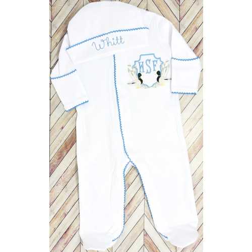 Personalized Baby Boy Set Cotton Coming Home Outfit Monogram Baby Clothes Custom Duck Footie Hat Set Heirloom Infant Sleepwear Boy Blue