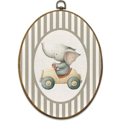 Vintage Elephant Nursery Wall Art Decor, Kids Framed Canvas Prints 8.6x11.4, Neutral Striped Elephant Driving Car Oval Wall Hanging Artwork Decorations for Kids Nursery Room Bedroom Playroom