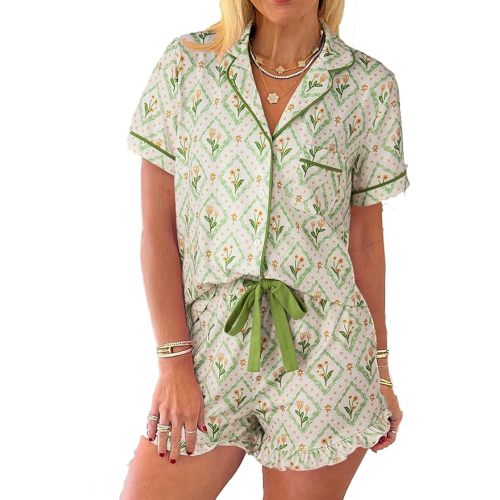 KevaMolly Womens Christmas Lounge Sets Candy Cane Print Pocketed Knotted PJ Set Short Sleeve Xmas Top and Shorts