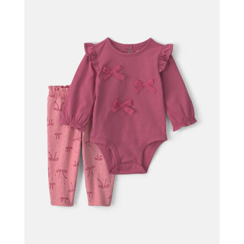 Baby Girl 2-Piece Bow Long-Sleeve Bodysuit & Pant Set - Pink | Carter's