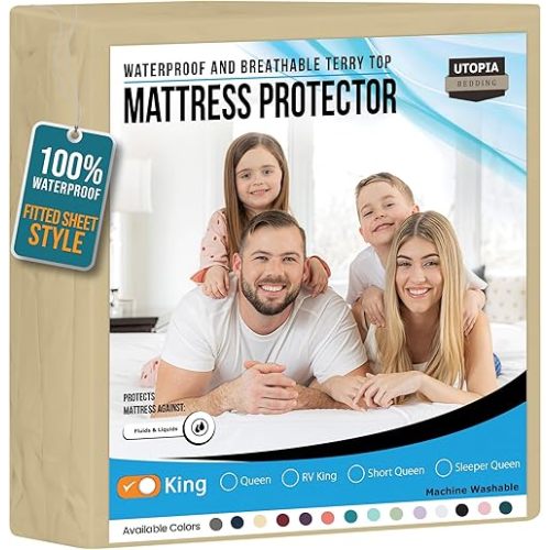 Utopia Bedding Waterproof Mattress Protector King Size, Premium 200 GSM Terry Mattress Cover, Soft & Breathable Bed Cover, Fitted Sheet Style with Stretchable Deep Pockets 17" (Beige)