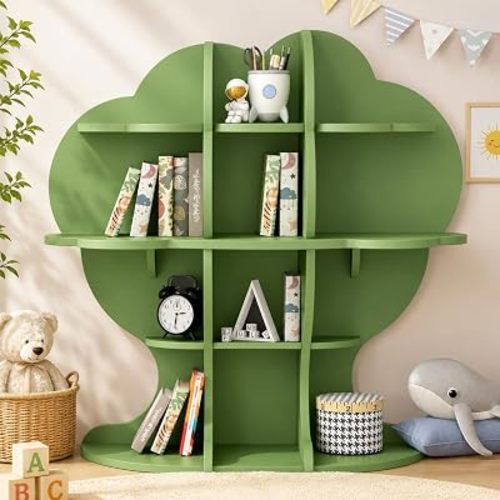 HedoAjim 4-Tier Christmas Tree Kids Bookshelf, Wooden Children Bookcase Toy Storage Organizer for Boys & Girls, Nursery, Playroom, Bedroom
