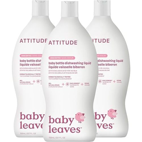 ATTITUDE Baby Bottle & Dish Soap, EWG Verified Bottle Cleaner, Fragrance Free & Dye Free, Removes Milk Residue & Grease, Vegan, Unscented, 23.7 Fl Oz (Pack of 3)